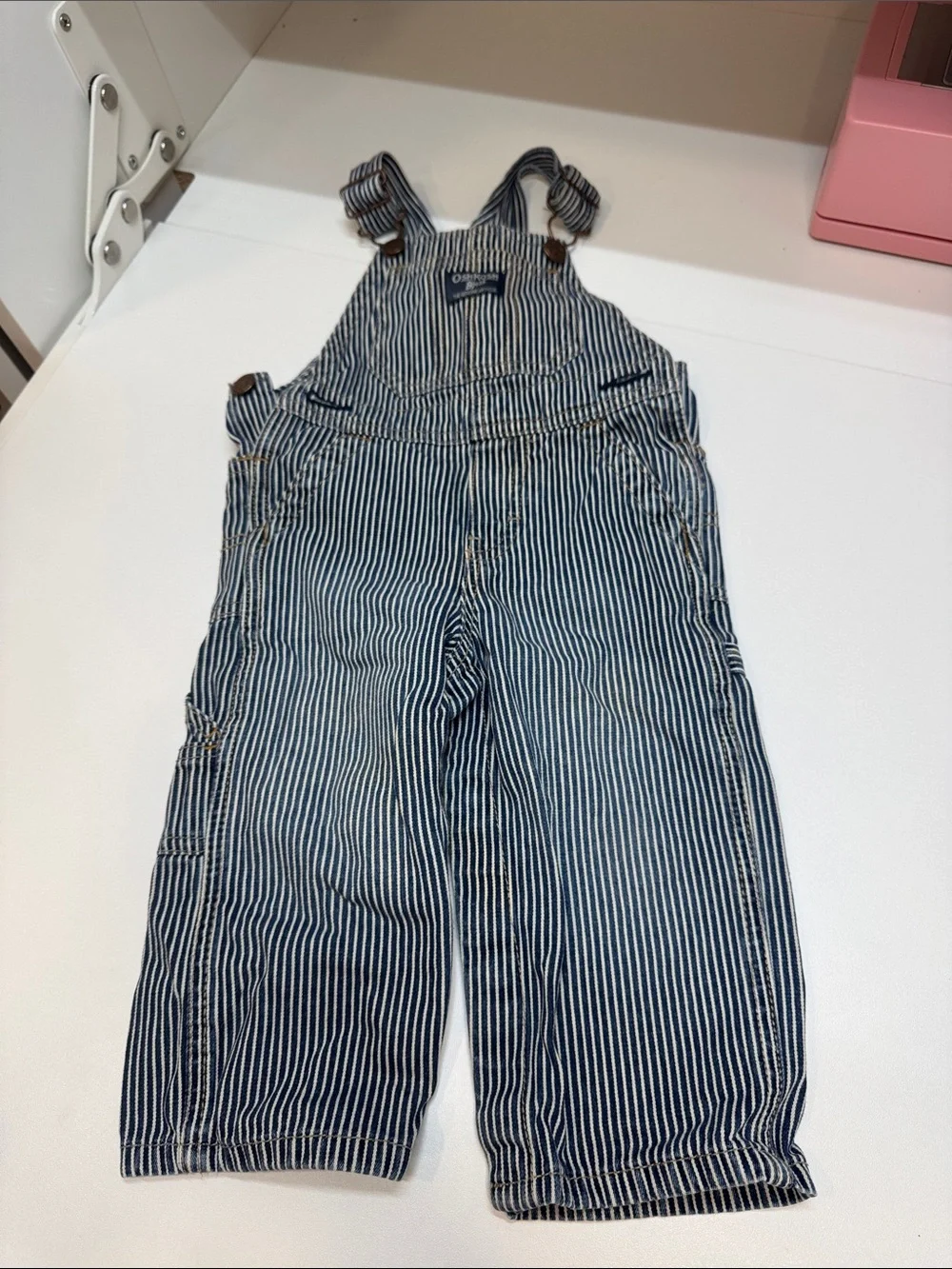 OshKosh B’gosh Striped Blue Kids Train Railroad Engineer Overalls